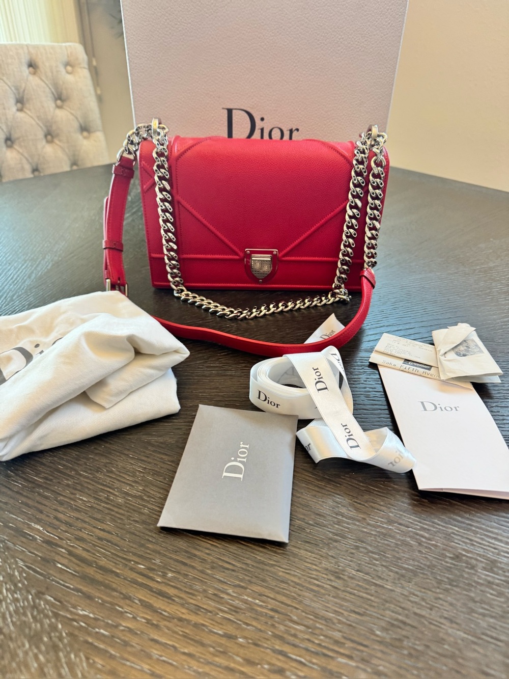 Dior diorama Red grained Leather Chain Crossbody Bag with Silver Hardware